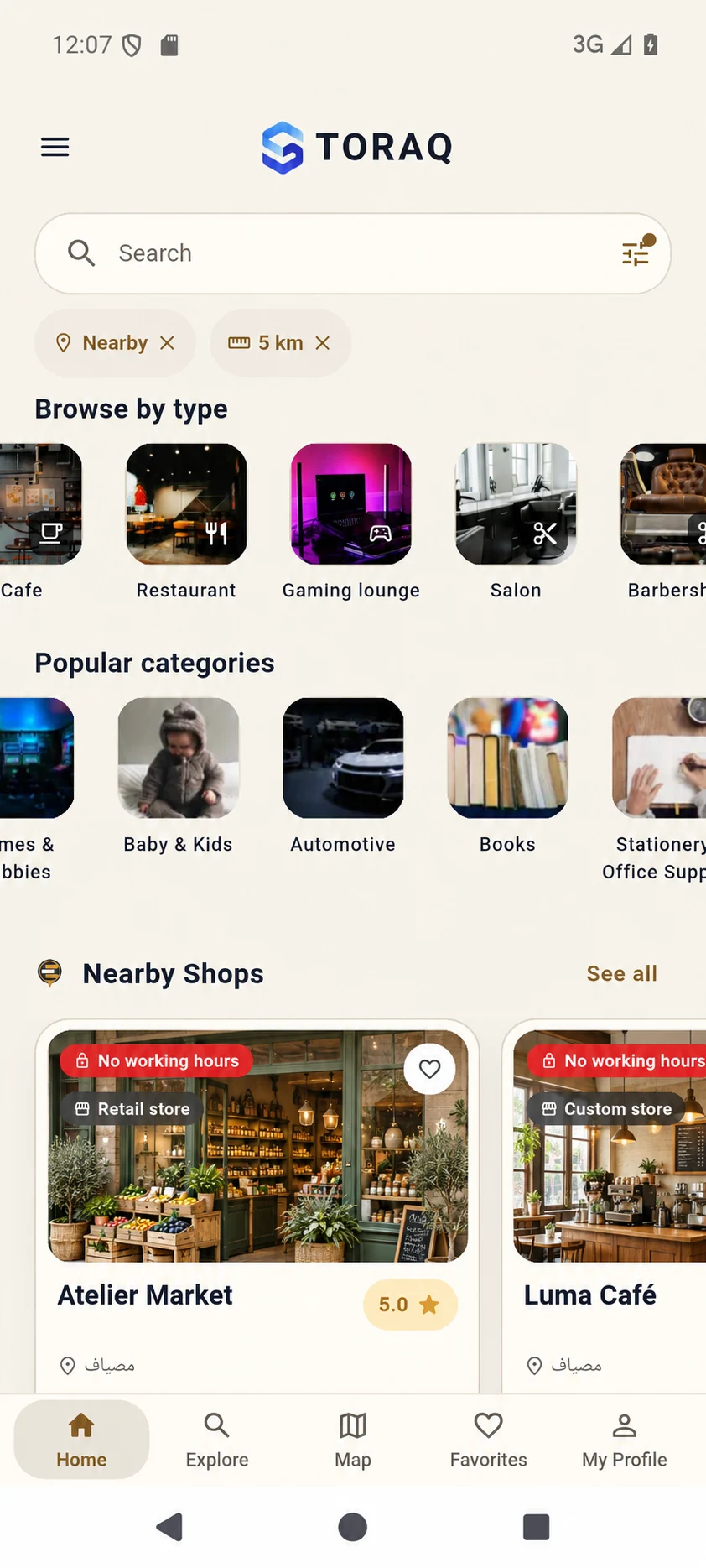 Real STORAQ Android marketplace screen. Sample names and product photography styled for this showcase.